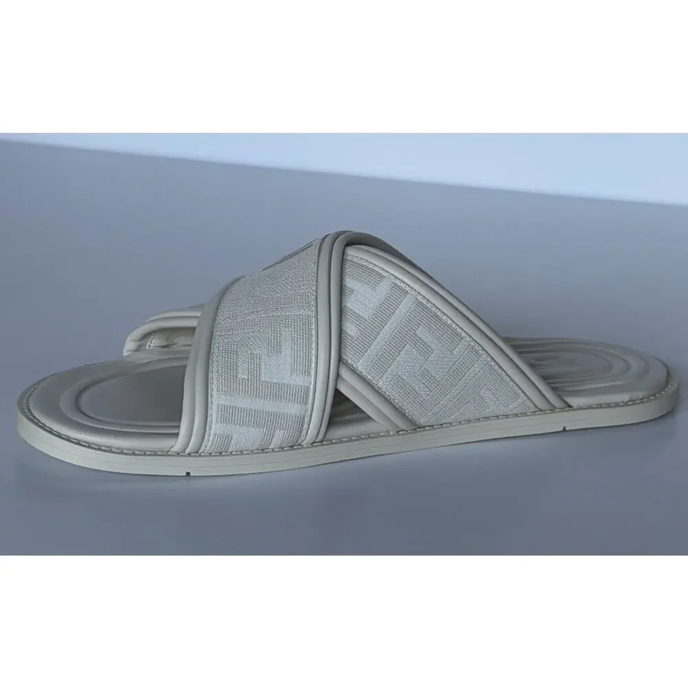 Fendi Men's FF Leather/Fabric Ivory Slide Sandals 8 US/7 UK IT 7X1548 NIB $730